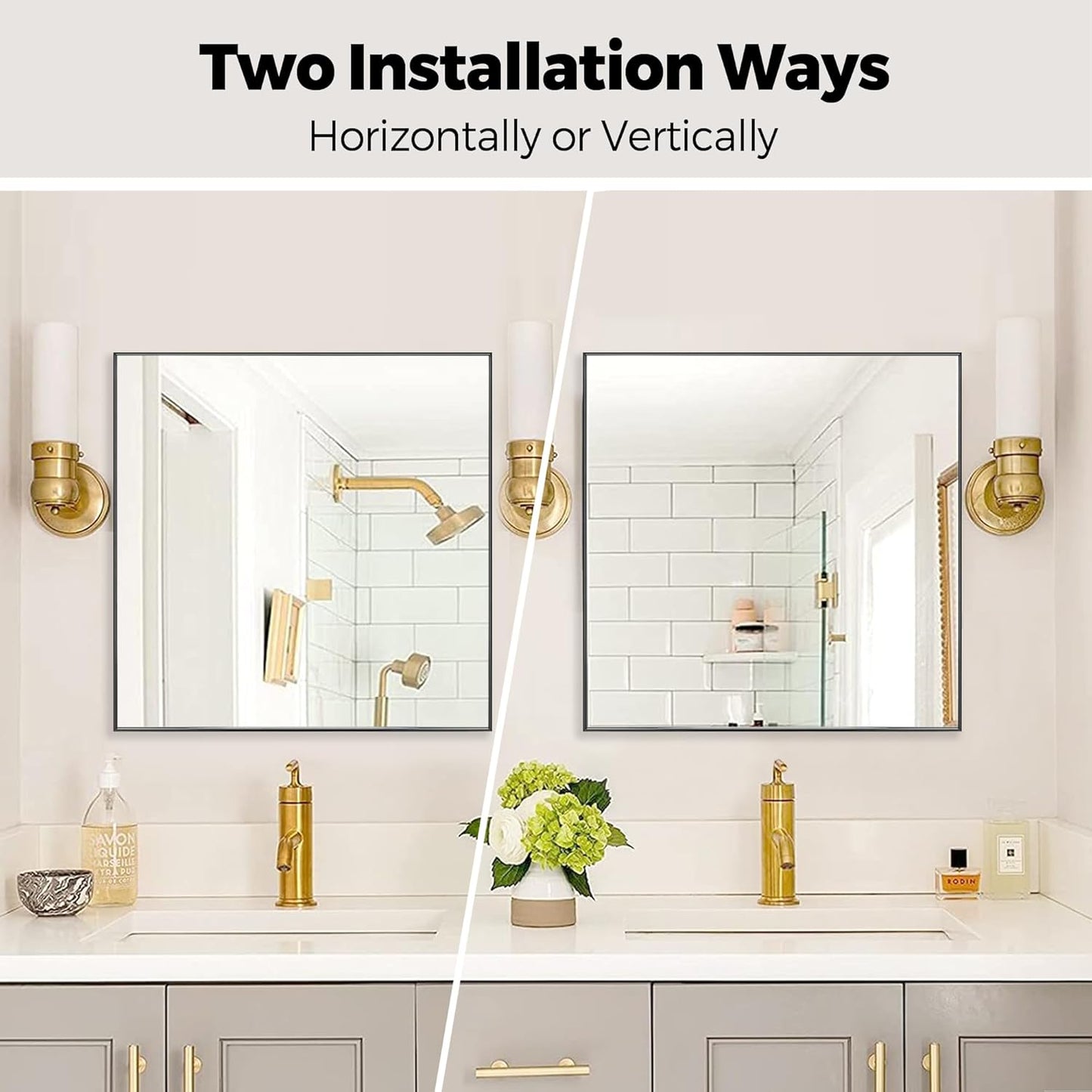 30x30 Inch Black Bathroom Mirror for Wall, Aluminum Frame Rectangle Rectangular Vanity Mirror, Modern Large for Bedroom, Living Room, Horizontal or Vertical