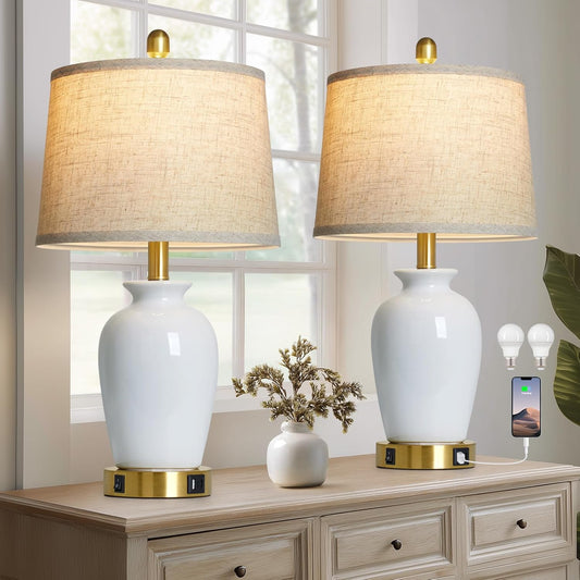 23" Set of 2 White Ceramic Table Lamp with Ginger Jar Design, Bedside USB Lamps for Living Room,Dining Room,Bedroom,Office,Nightstand,End Table