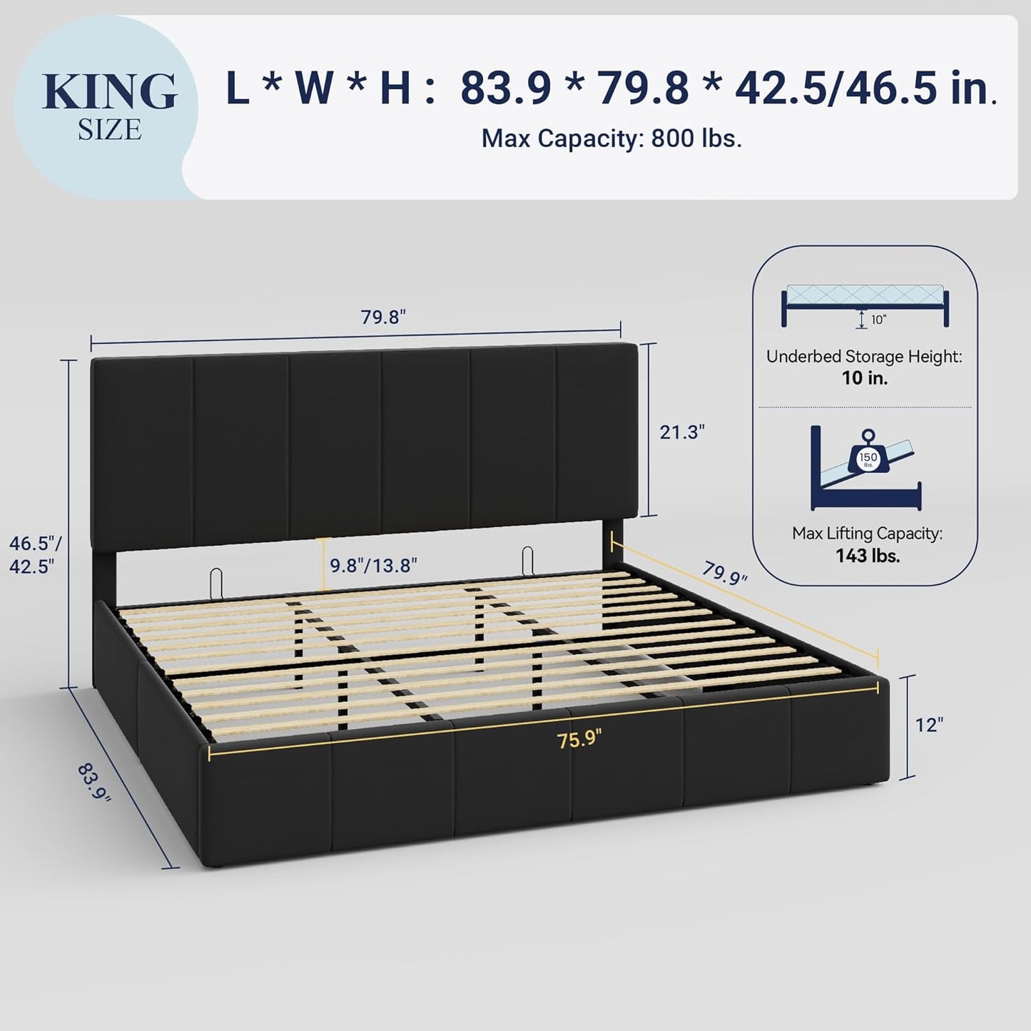 Allewie King Size Velvet Lift Up Storage Bed Frame, Vertical Channel Tufted Headboard, Hydrualic Underneath Storage, Upholstered Platform Bed, Wooden Slats Support, No Box Spring Needed, Black