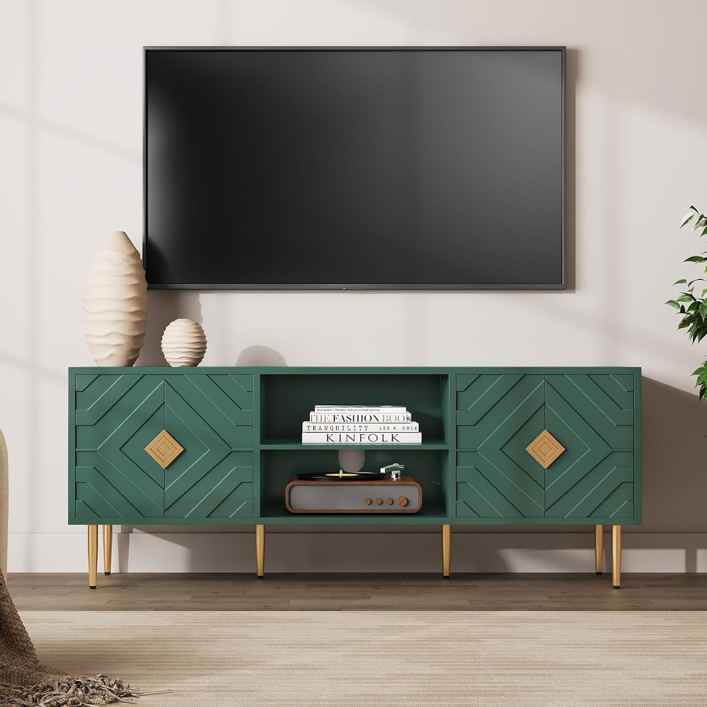 HLR 63'' Modern TV Stand for 65/70/75 inch TV, Entertainment Center with Storage Cabinet, Mid Century Green TV Stand,Embossed Pattern TV Console, TV Media Console for Living Room, Bedroom