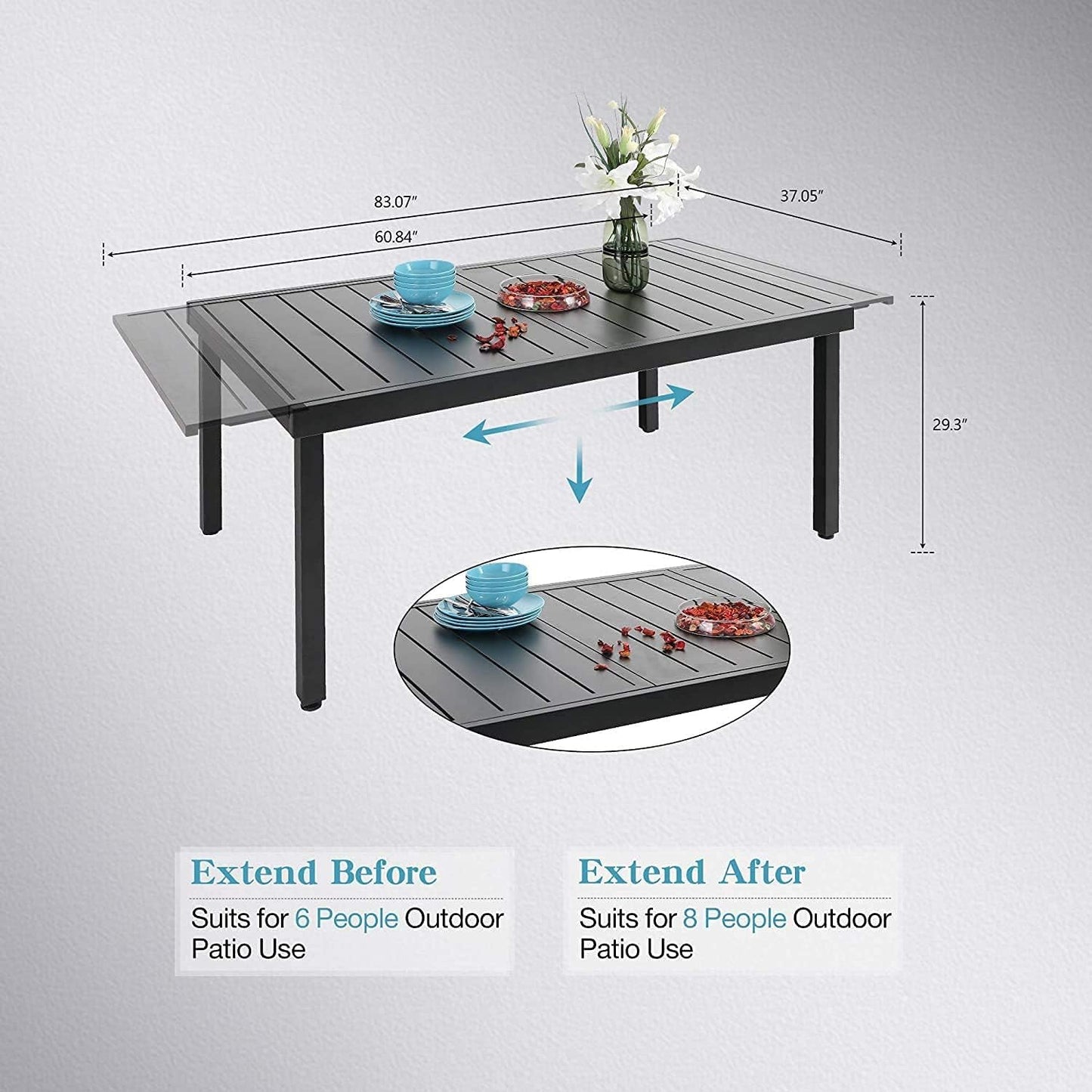 PHI VILLA 7 Piece Patio Dining Table Set, Expandable Rectangular Metal Dining Table & 6 Steel Patio Chairs for Outdoor, Deck, Yard