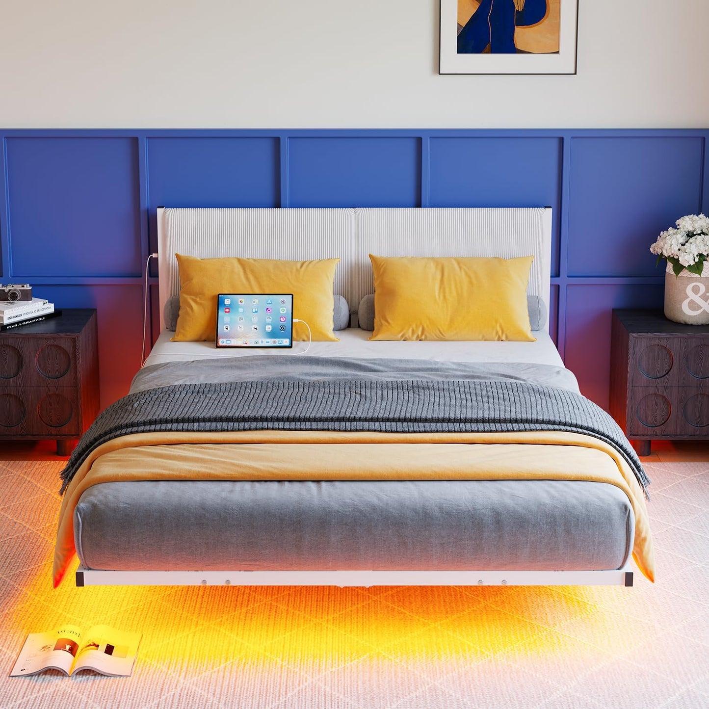 Queen Bed Frame,Floating Bed Frames Queen Size with LED Lights & Charging Station,Modern Queen Platform Bed Frame with Upholstered Headboard,Heavy Duty Steel Slats,No Box Spring Needed,No Noise,White