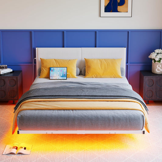 Full Size Bed Frame,Floating Bed Frame Full Size with Headboard,Upholstered Metal Platform Bed with LED Lights & Charging Station,Heavy Duty Steel Slats,No Box Spring Needed,No Noise,White Bed Frame