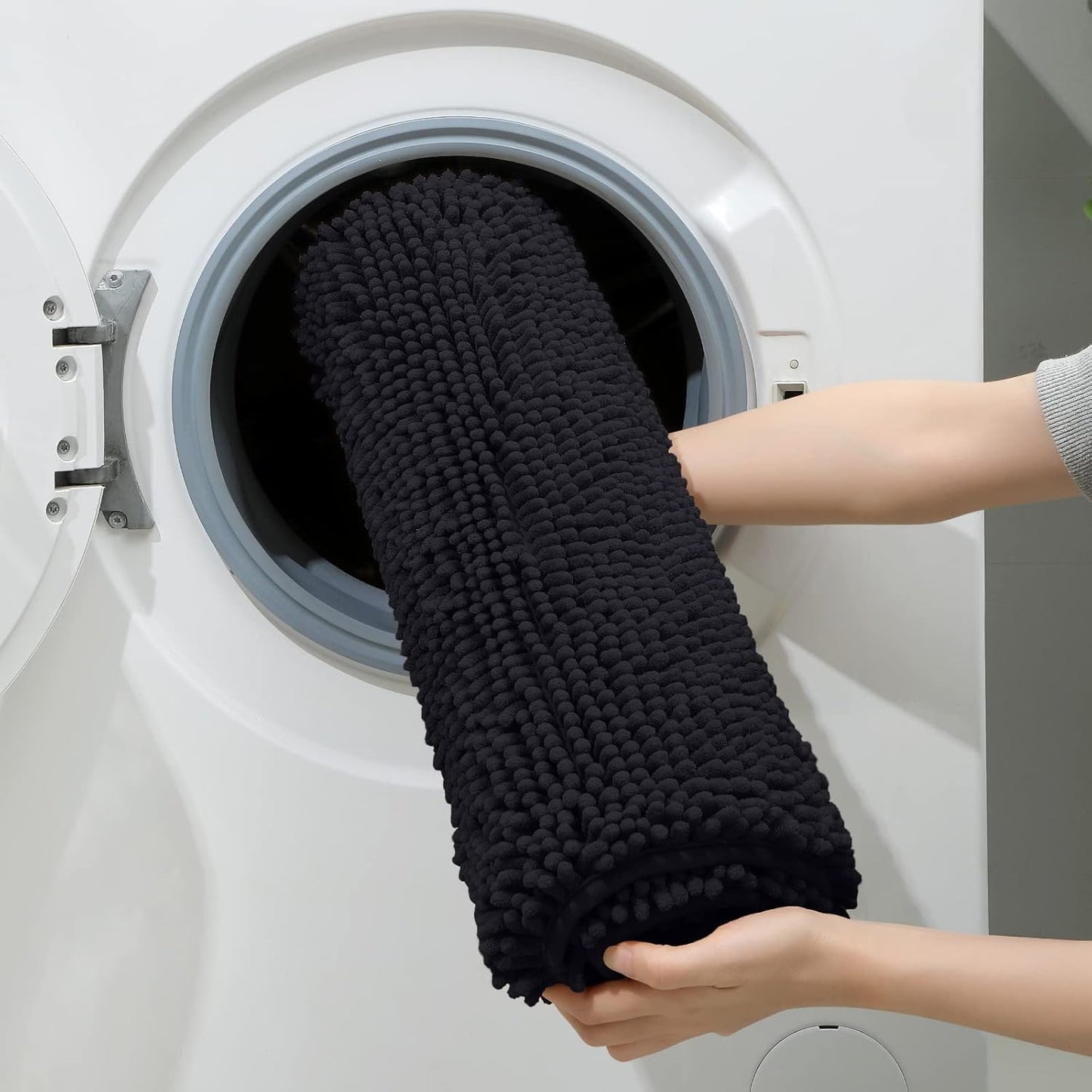 HOMEIDEAS 3 Pieces Bathroom Rugs, Extra Large Ultra Soft Non Slip Absorbent Chenille Toilet Bath Mat Set (Black,17"x24"+20"x48"+U Shape 20"x24")