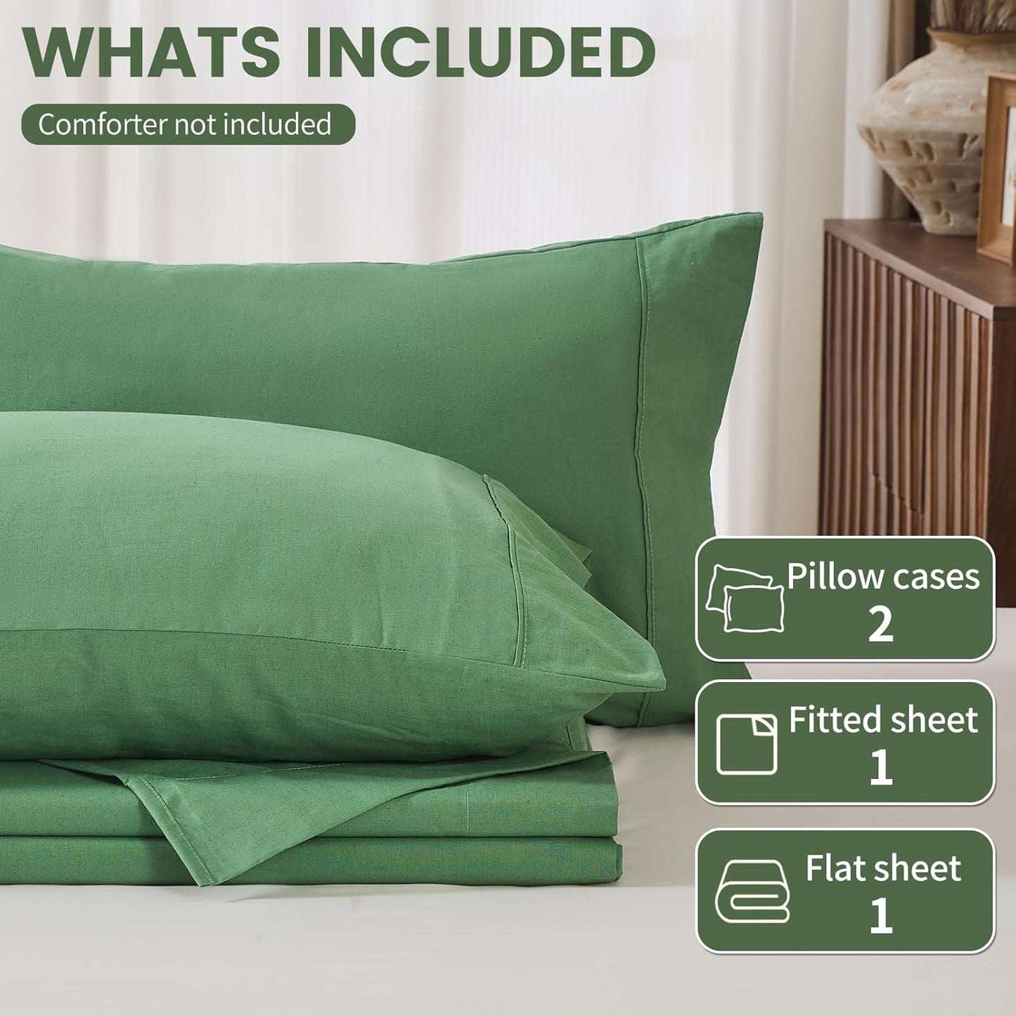 100% Linen Sheets King Size,Breathable & Durable 4-Piece Bed Flax Sheet Set,Soft All-Season Bedding for Hot Sleepers 16" Deep Pocket Oeko-TEX Certified,（King, Sage Green）