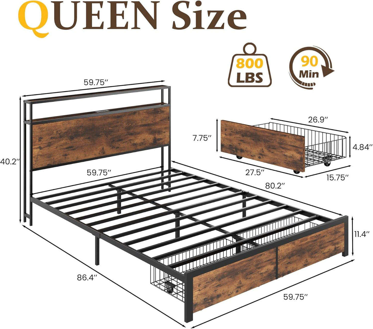 Lifezone Queen Bed Frame with 2-Tier Storage Headboard, Metal Bed Frame with Storage Drawers & Built-in Charging Station & LED, Noise-Free, No Box Spring Needed, Easy Assembly, Rustic Brown