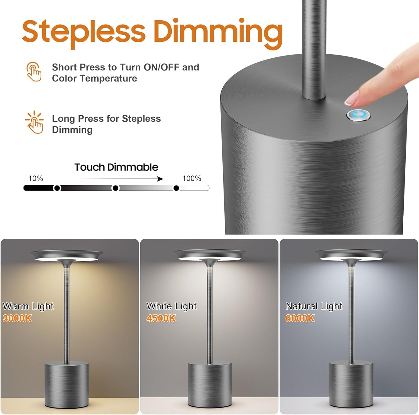 Cordless Table Lamp, Portable Rechargeable 6000mAh Outdoor Table Lamp, 3 Color Stepless Dimming Battery Powered Lamp, LED Table Light for Dinner/Restaurant/Outdoor (Gray)