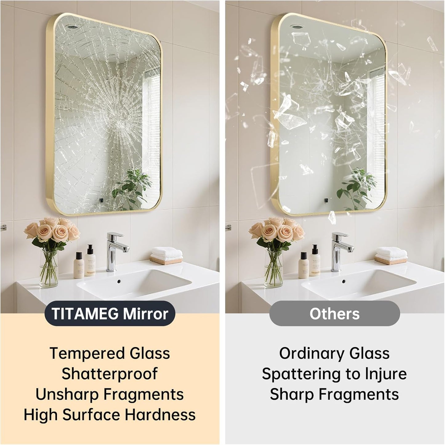 24x32 Inch Bathroom Mirror for Wall, Gold Framed Rectangle with Rounded Corner, Aluminum Alloy Brushed for Bedroom or Living Room, Vertical or Horizontal