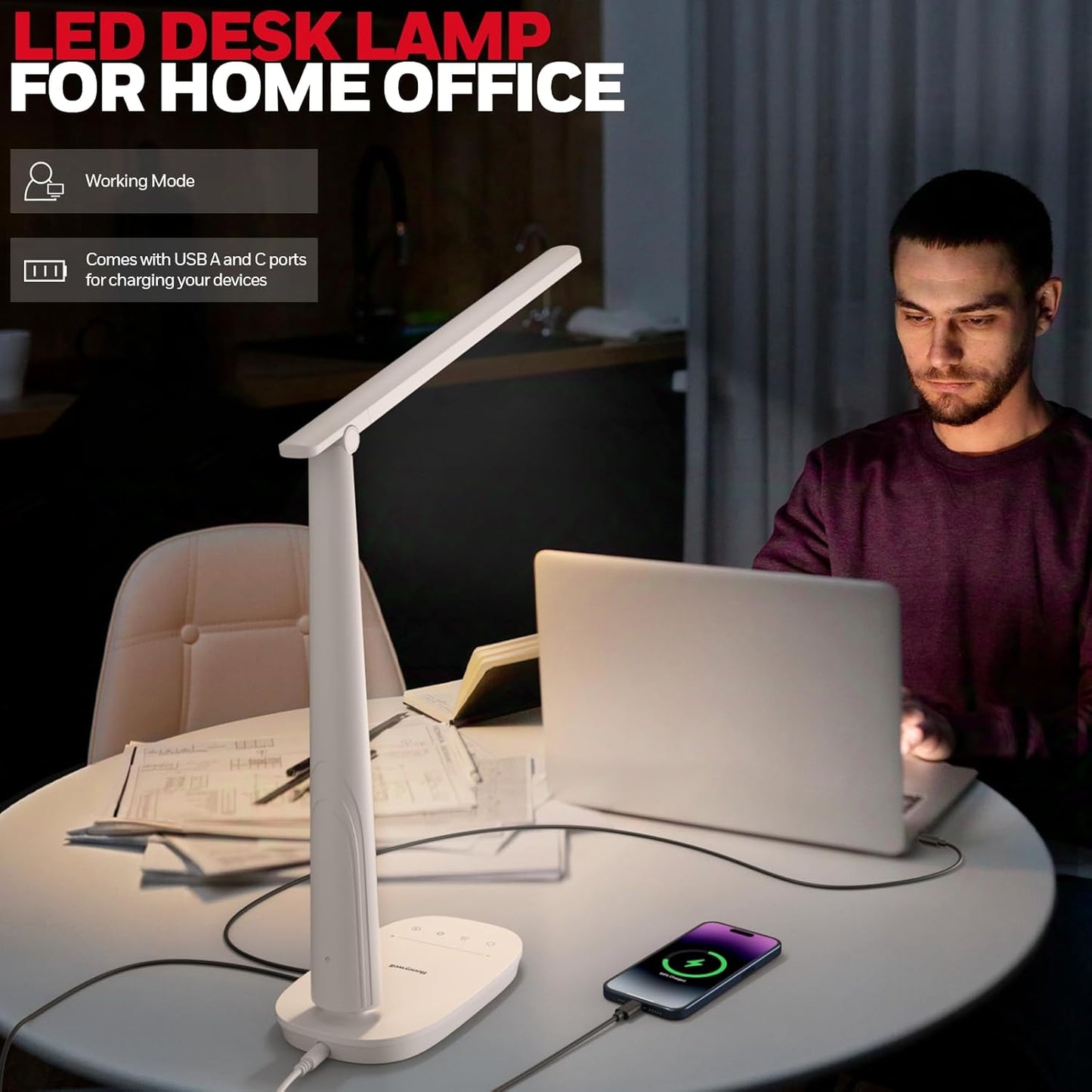 Honeywell Desk Lamp for Home Office, Dimmable LED Desk Light with USB A+C Dual Charging, 4 Modes Brightness Touch Lamp with Timer, Eye Caring Foldable Reading Light, Table Lamp for Study Nightstand