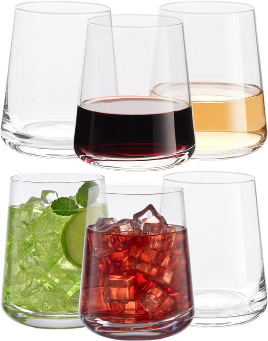 Crystal Stemless Wine Glasses Set of 6, 17 oz Hand-blown Drinking Glasses for Red and White Wine, Universal Drinking Glasses for Juice and Water, Thickened Base & Dishwasher Safe