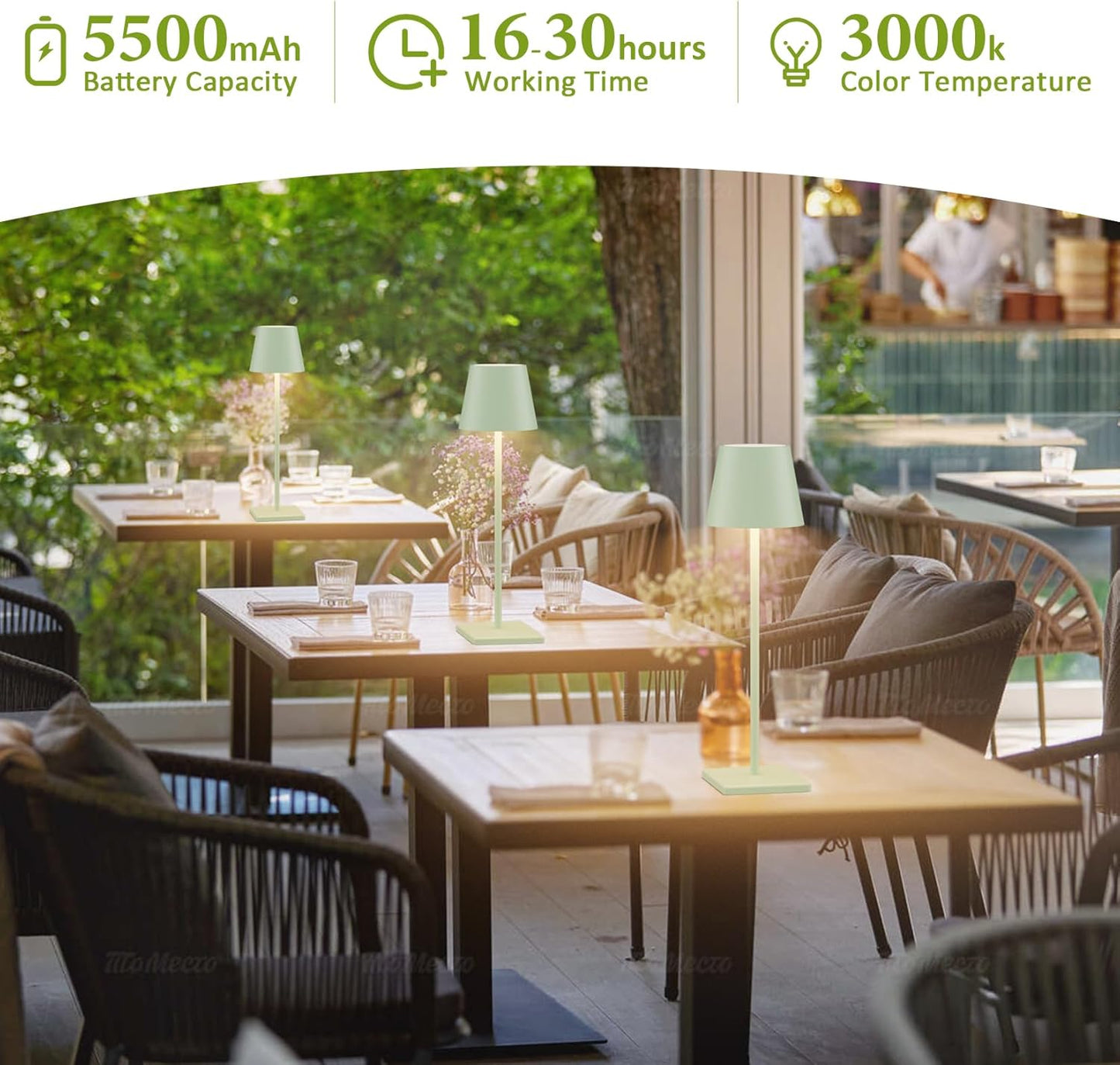 2-Pack LED Cordless Table Lamp, Rechargeable Battery Desk lamp 3W 5500mAh Battery Operated Stepless Dimming Modern Portable Table Light for Restaurant/Bedroom/Outdoor IP54 Waterproof (Green)