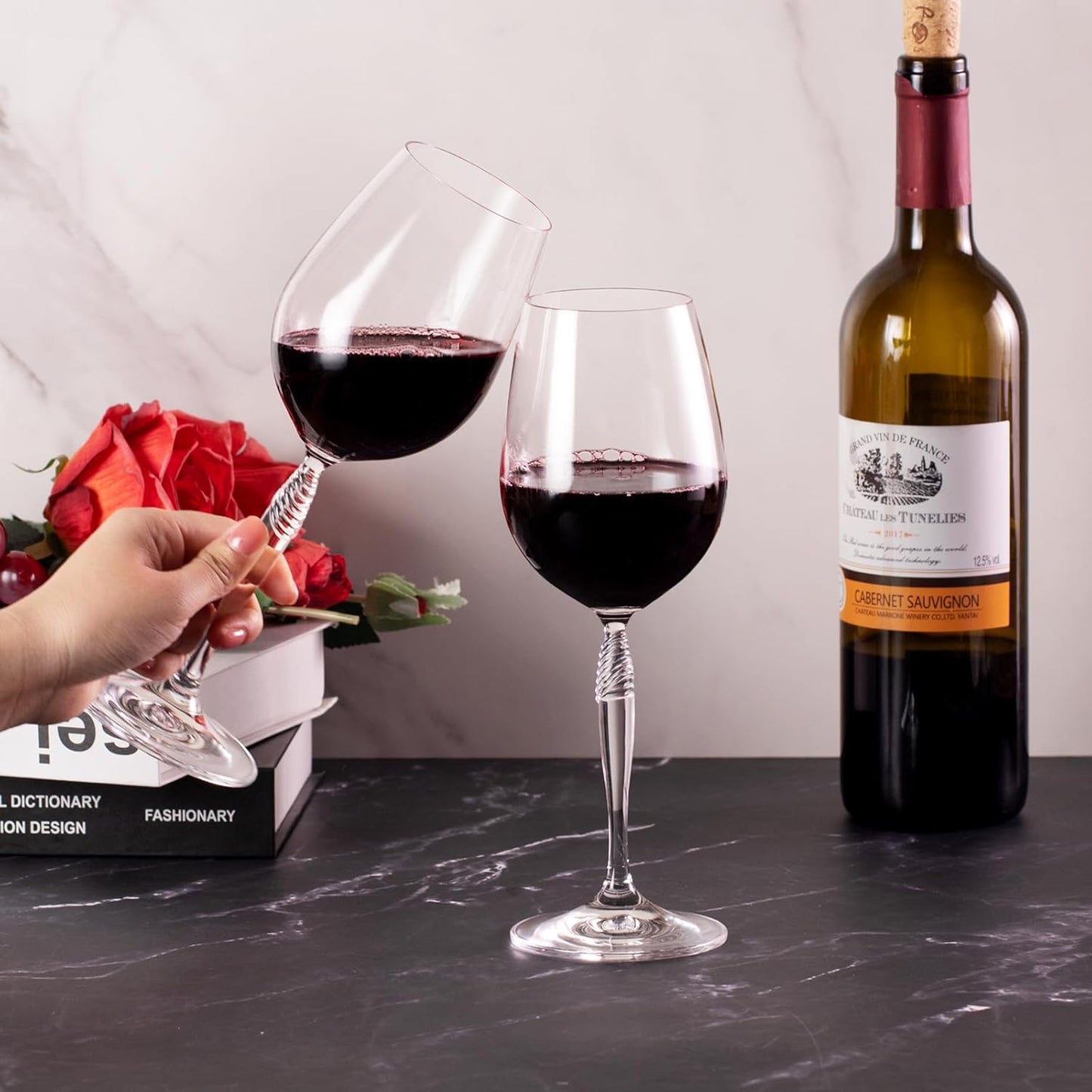 KAMMAK Wine Glasses Set of 2, 13.5 oz Hand Blown Crystal Bordeaux Wine Glasses, Thin Rim & Long Stem, Perfect for Red & White, Daily Use, Wedding Anniversary or Birthday Gift with Gift Box, Kaila