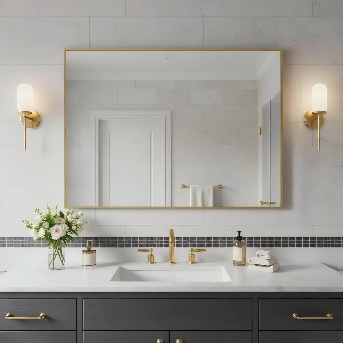 27x36 Inch Brass Bathroom Mirror for Wall, Aluminum Frame Rectangle Rectangular Vanity Mirror, Modern Large for Bedroom, Living Room, Horizontal or Vertical