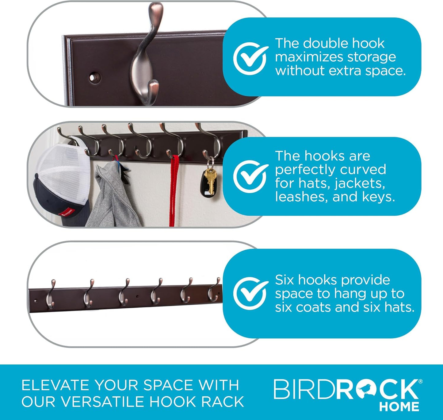 BIRDROCK HOME Hook Coat and Hat Rack - 6 Dual Hanging Coat Hooks for Wall Mount - Decorative Storage for Entryway Foyer Hallway Bathroom & Bedroom - 27", Dark Brown w/Oil Rubbed Bronze Hooks - 2 Pack