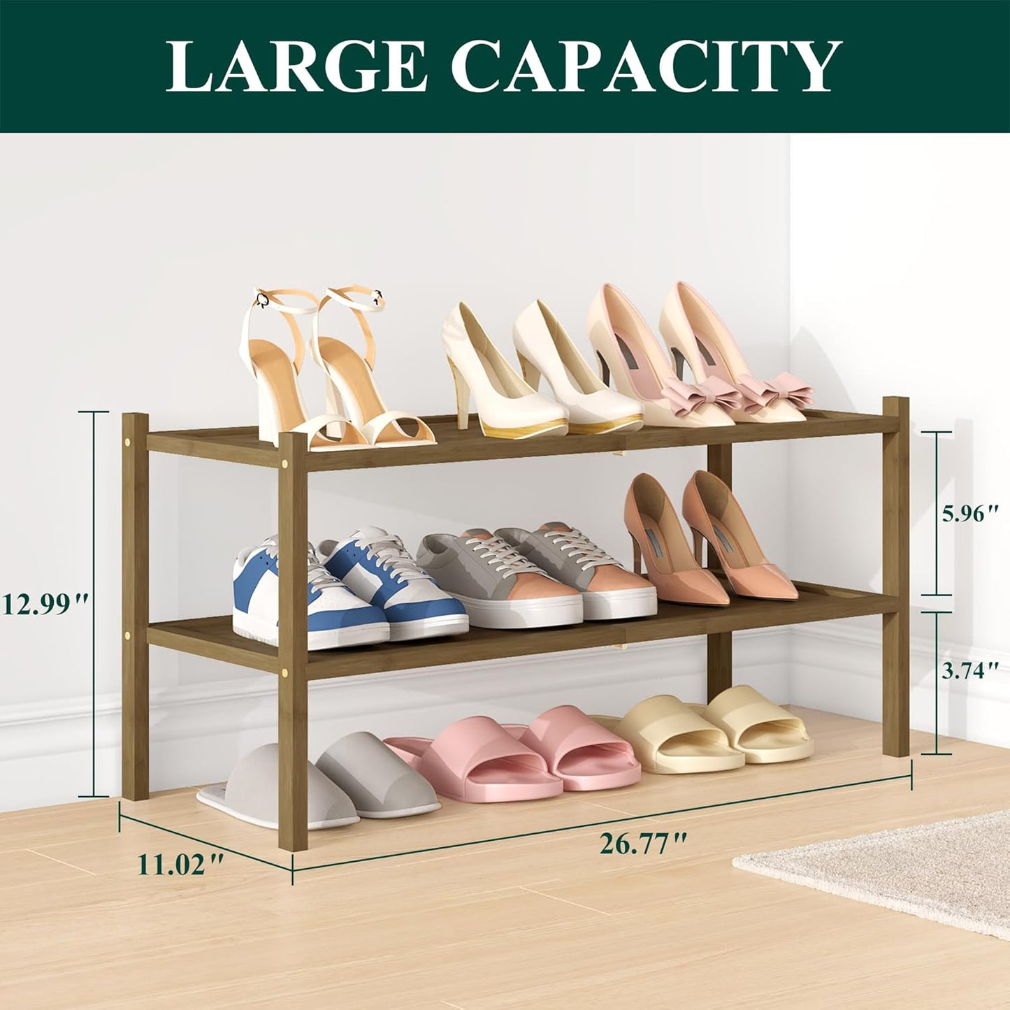 Smiry Bamboo Shoe Rack, 2 Tier Shoe Organizer for Entryway & Closet, Stackable Free Standing Storage Shelf for Shoes, Bags & Plants, Walnut