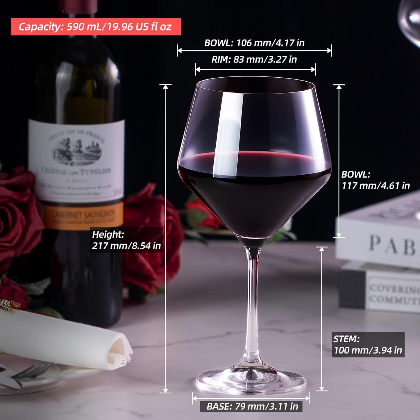 KAMMAK Wine Glasses Set of 2, 20 oz Hand Blown Crystal Bordeaux Wine Glasses, Thin Rim & Long Stem, Perfect for Red & White, Daily Use, Wedding Anniversary or Birthday Gift with Gift Box, Jenny