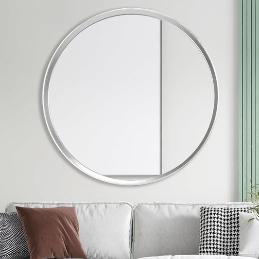 Round Mirror 28 Inch, Silver Wood Mirror, Wall Circle Mirrors, Large Wood Frame Mirror, Round Mirrors for Wall Decor, Bathroom Mirror, Nursery Mirror