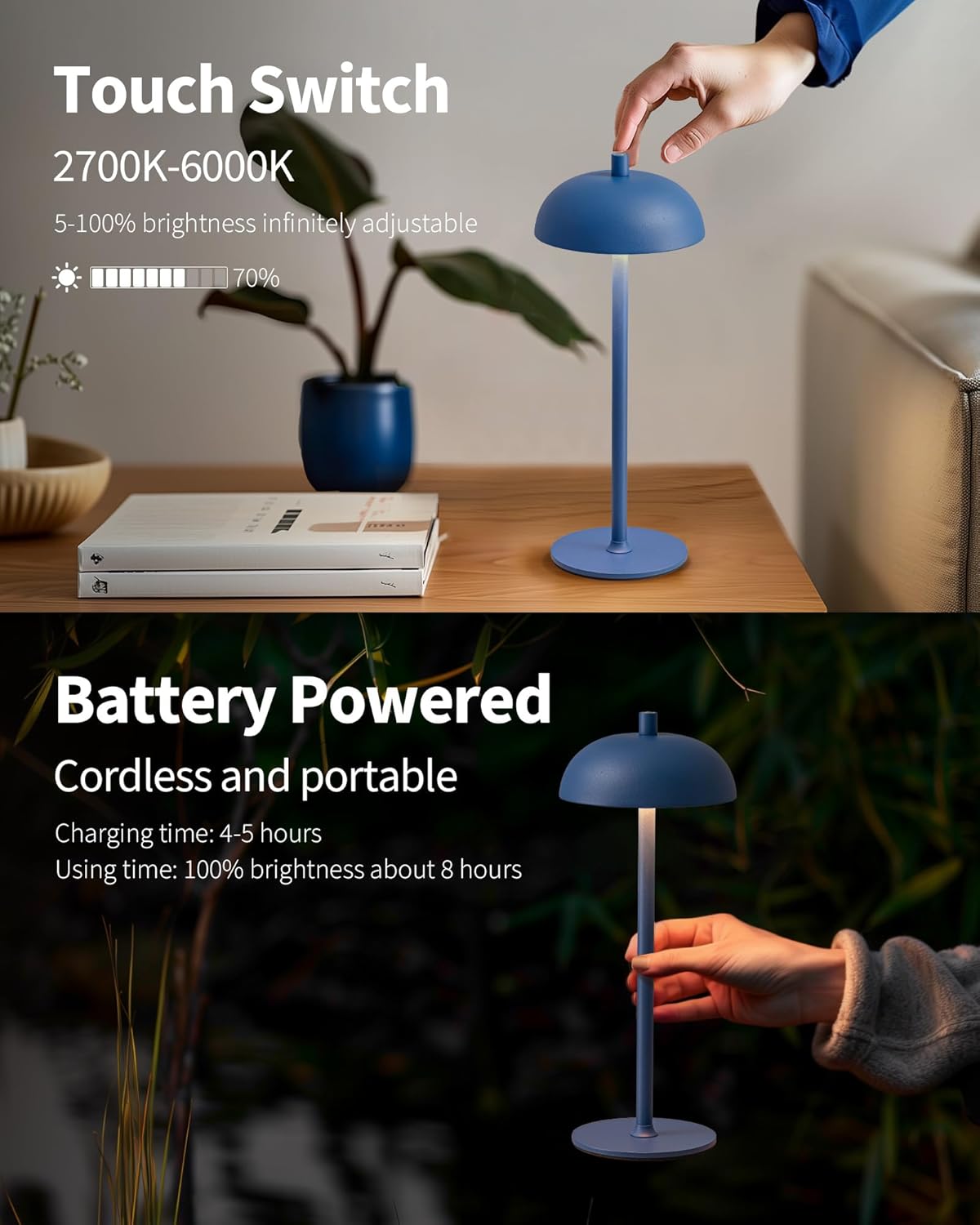 LED 12" Small Cordless Table Lamp Set of 2, 4000mAh Portable Touch Desk Lamp, 3 Color Dimming Rechargable Battery Powered Lamps, for Bedroom, Outdoor, Restaurant, Bedside, Night Lights (Blue)