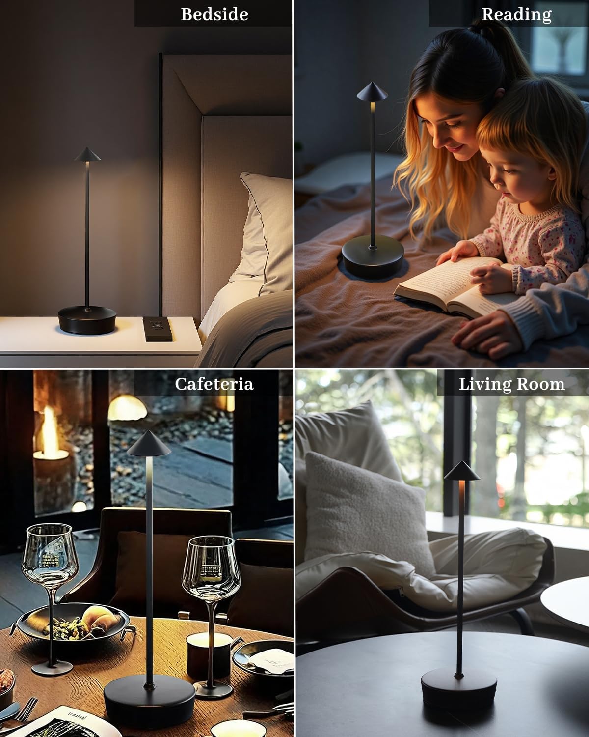 Black Cordless Rechargeable Table Lamp 7200mAh Portable Touch Control LED Waterproof Table Lamp for Bedroom Reading