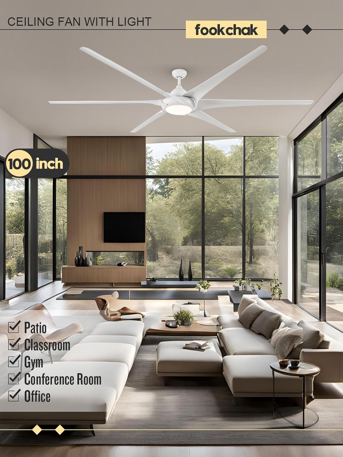 100in White Large Ceiling Fan with Lights Remote Control 6-Blade Outdoor Ceiling Fan Light for Patio, Multi-Speed Reversible Airflow for Garage Home Office Gym Room Living Room