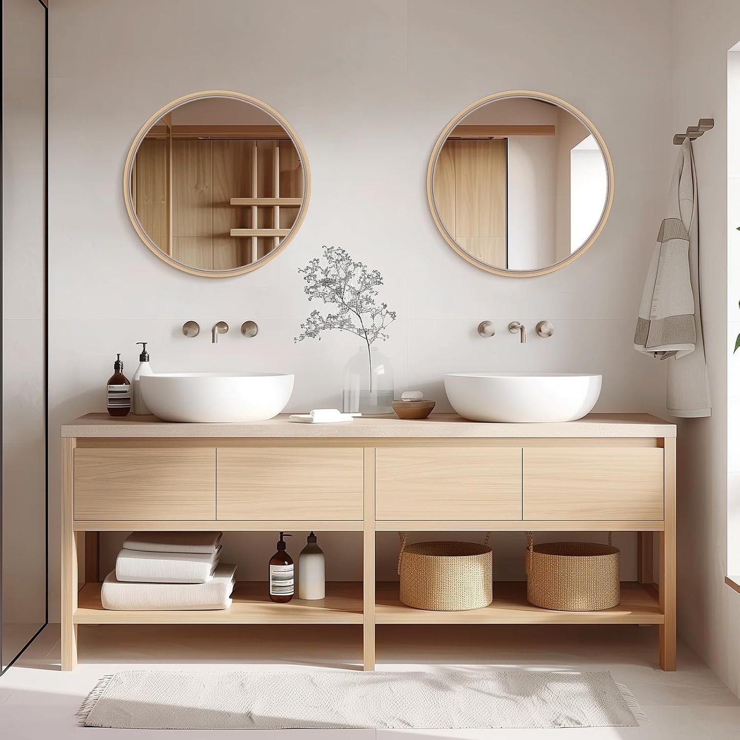 WallBeyond Round Wood Mirror 24 inch Circle Wall Mirror for Bathroom Round Wall Mirror for Wall Decor, Vanity, Entryway Living Room (Natural)