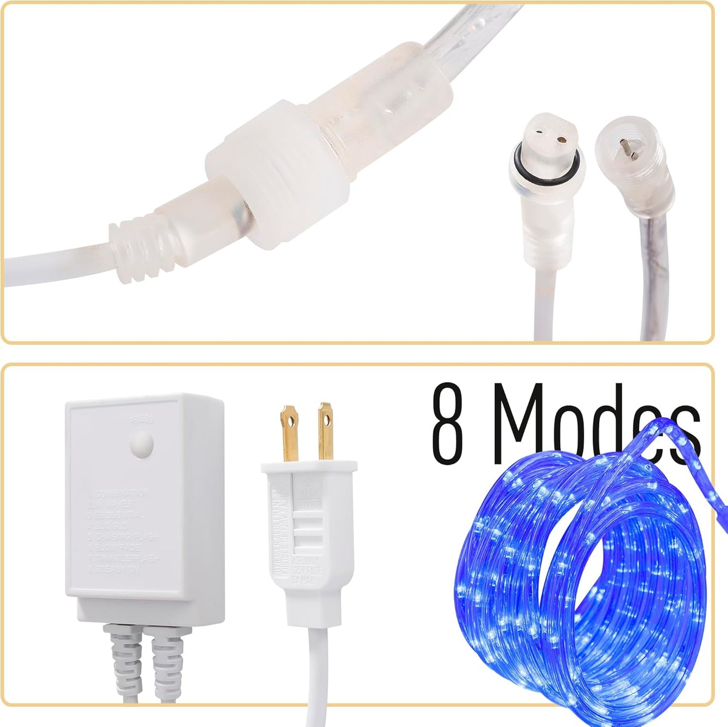 Waterproof LED Rope Lights, Connectable & Flexible with 8 Modes, Outdoor Lighting for Deck, Garden, Pool, Patio & Christmas Decor (Blue, 20ft)