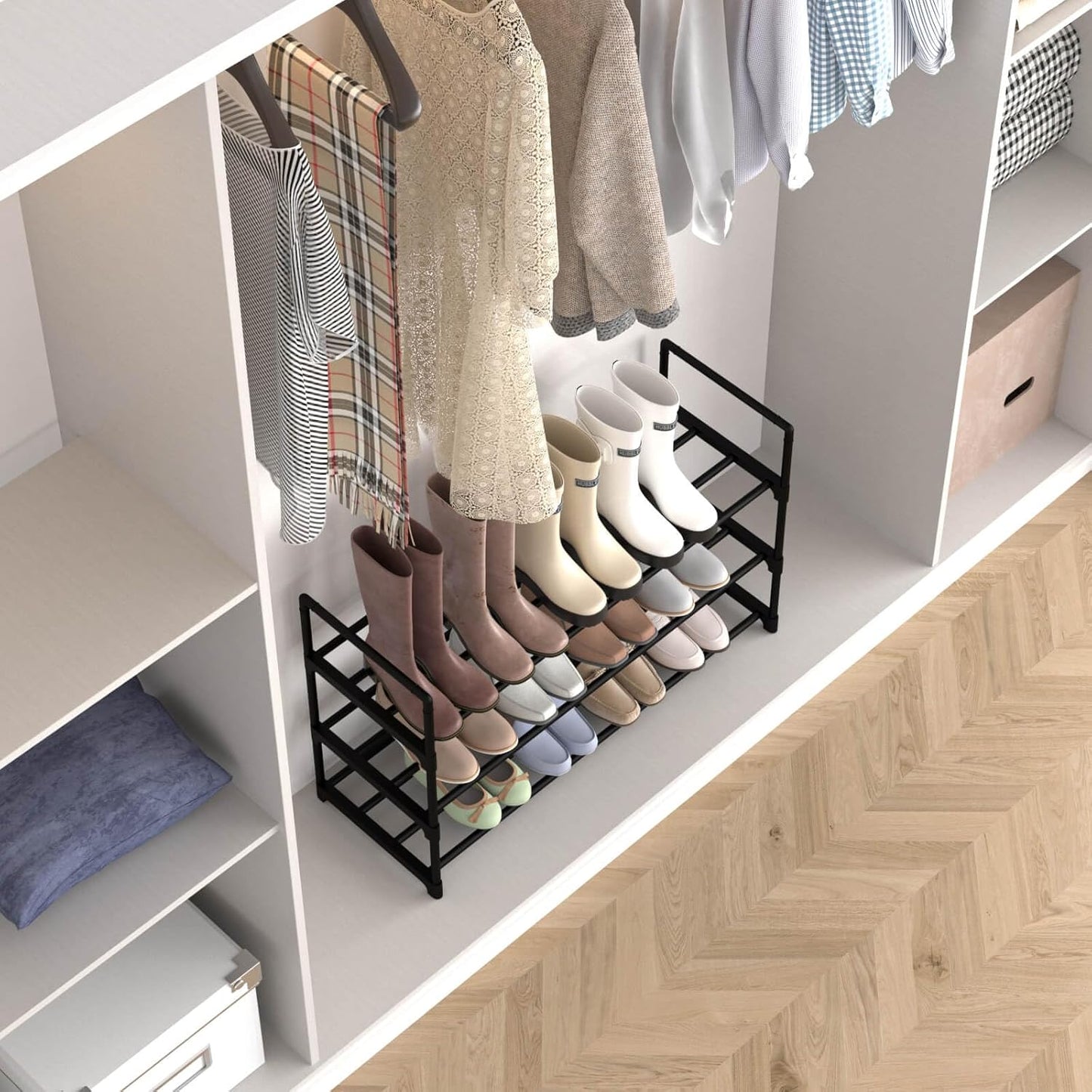 3 Tiers Metal Shoe Rack,Adjustable Shoe Shelf Storage Organizer,Stackable Boot & Shoe Storage,for Entryway,Hallway,Closet,Black