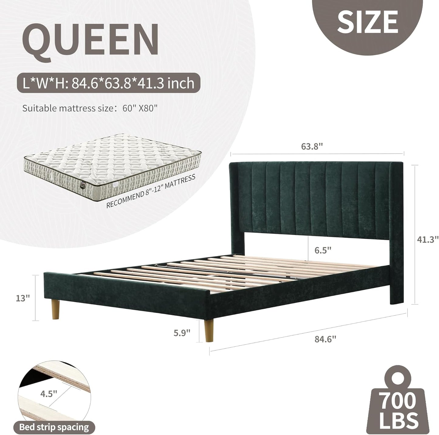YUHUASHI upholstered Platform Bed Frame/Queen Bed Frame/Modern Geometric Double-Wing Design headboard/Velvet Fabric/Easy to Assemble no Noise (Ink Green, Queen (U.S. Standard))