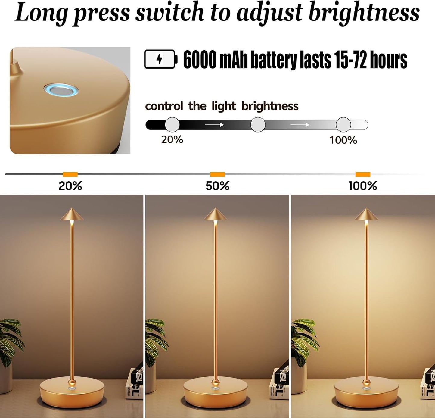 2Pack Rechargeable Cordless Table Lamp, Portable Powered LED Battery 6000mAh Metal USB Desk Lamp, 3 Levels Brightness Light for Restaurants Outdoor (2pack Gold)