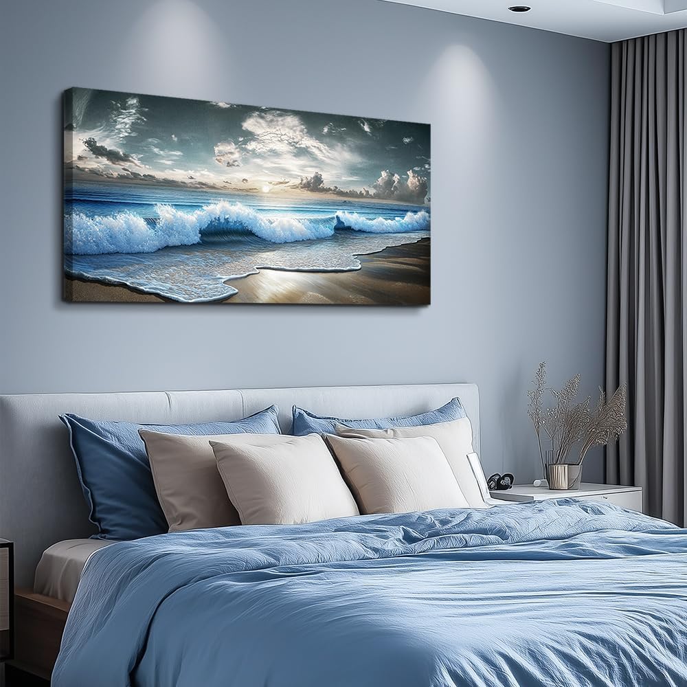 MHARTK66 Blue Ocean Canvas Wall Art Large Paintings For Living Room Landscape Nature Artwork For Walls Wall Decor For Bedroom Beach Pictures Wall Art Modern Office Waves Poster Decorations 24x48