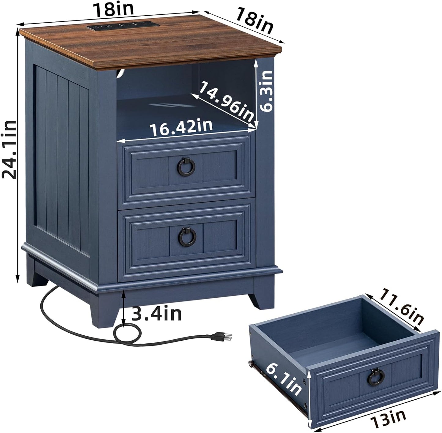 18" Farmhouse Night Stand with Charging Station, 2 Drawers End Table Dresser for Bedroom, Blue Wooden Nightstand, Bed Side Table with Open Shelf, Bedside Cabinet for Living Room, Closet