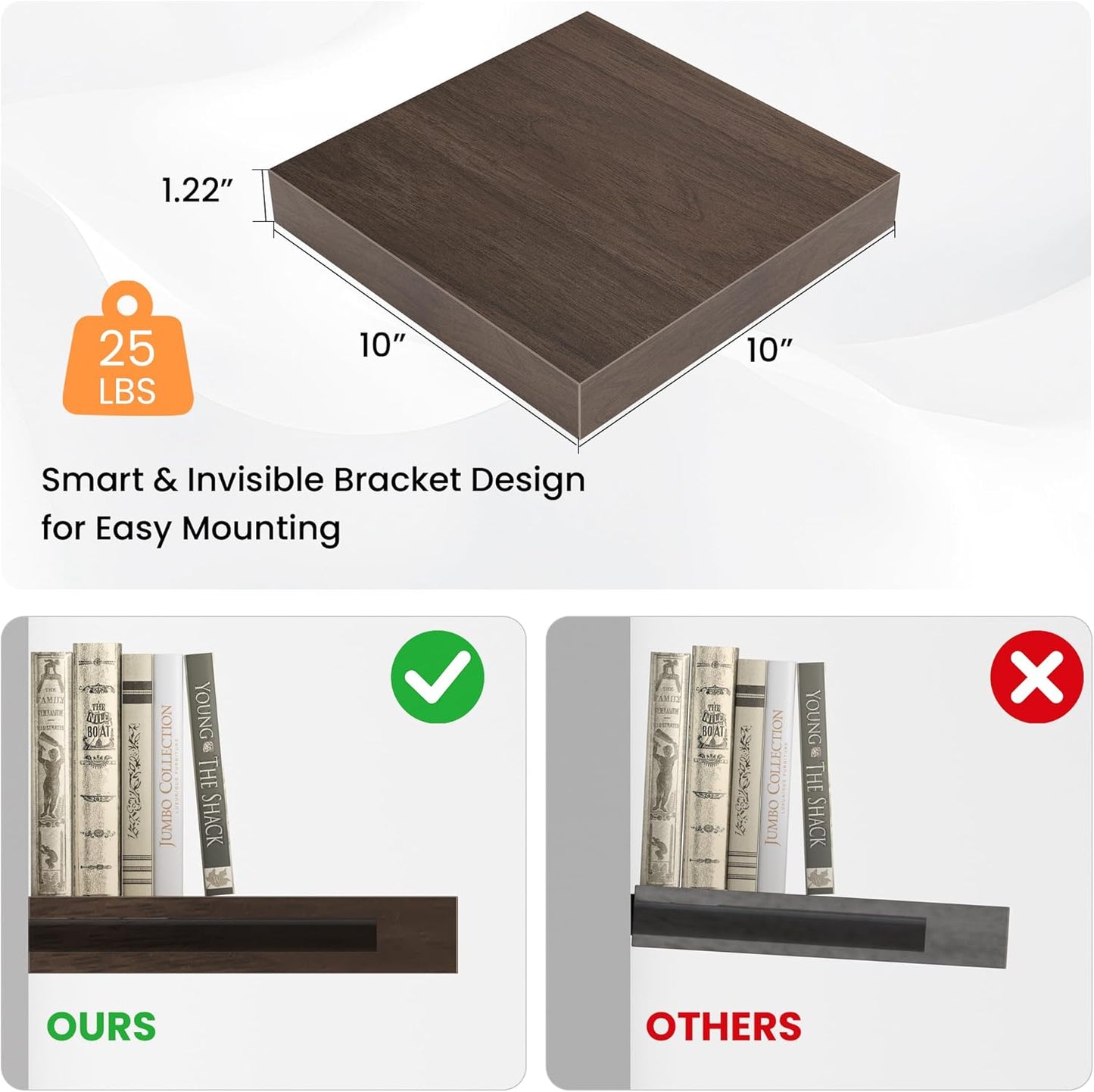 Square Floating Shelves for Wall, 10" W x 10" D x 1.2" H, Small Wooden Wall Mounted Display Shelves with Invisible Brackets for Living Room, Bedroom, Bathroom, Kitchen Decor, Set of 4, Walnut