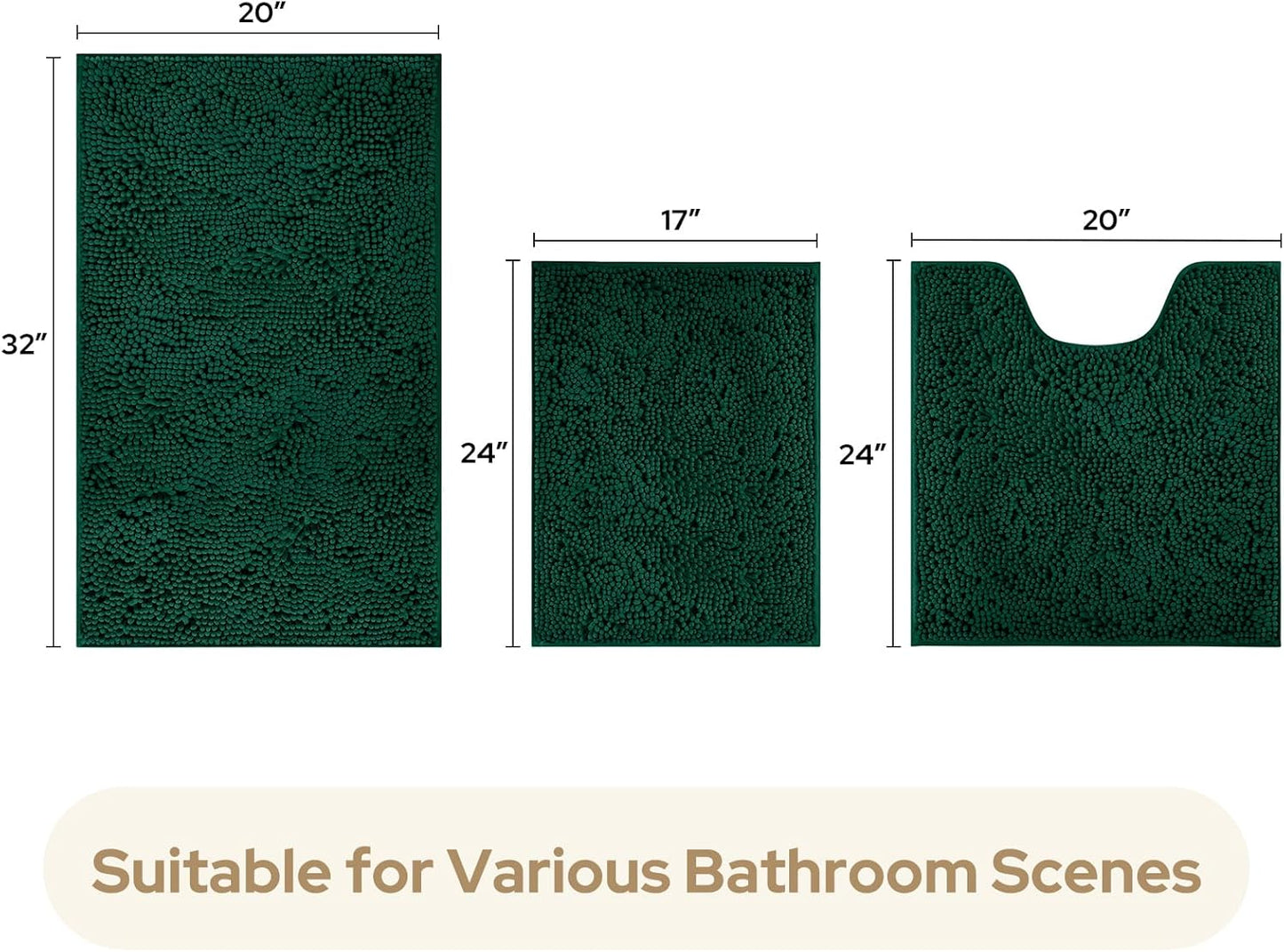 HOMEIDEAS 3 Pieces Bathroom Rugs, Ultra Soft Non Slip Absorbent Chenille Toilet Bath Mat Set (Dark Green,17"x24"+20"x32"+U Shape 20"x24")
