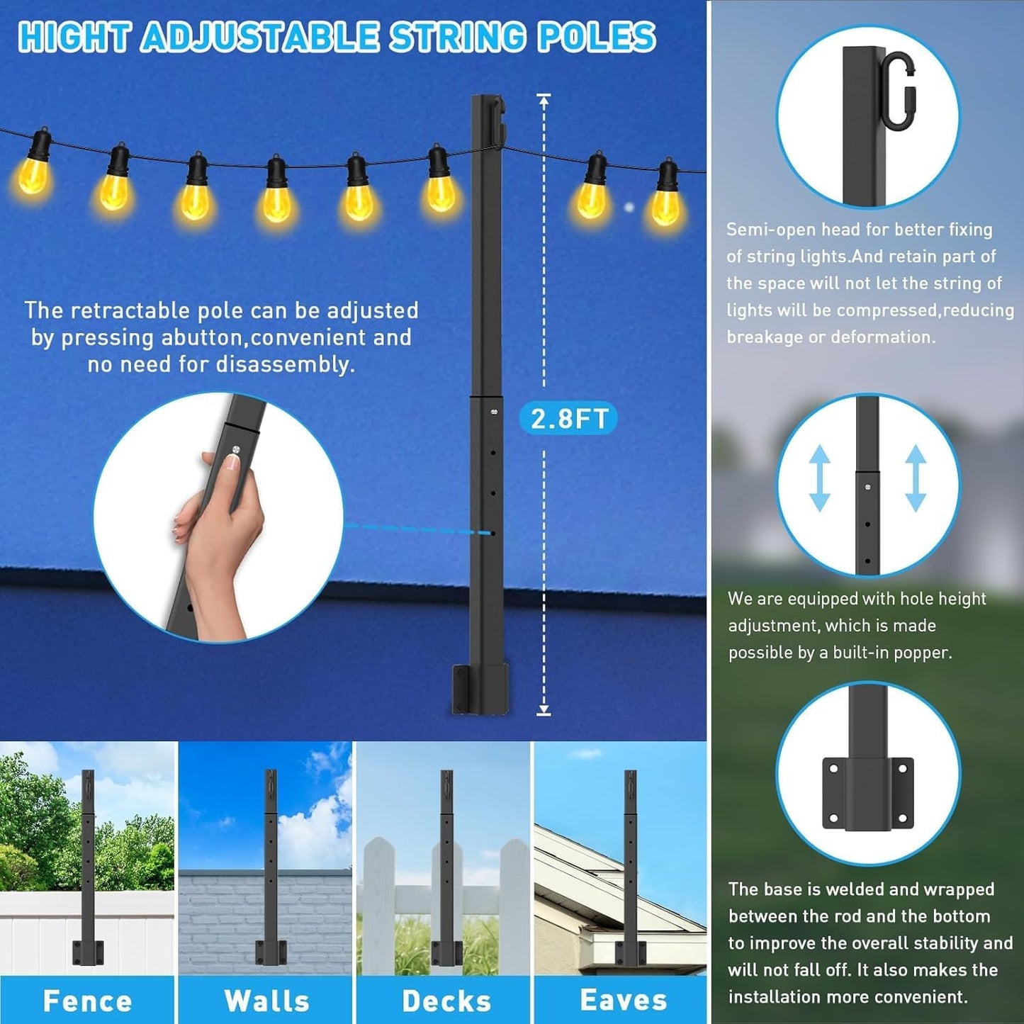 10 Pack String Light Poles,2.8Ft Metal Poles for Outdoor String Lights,Outdoor Light Poles with Post,Poles/Stand for Outside,Patio,Deck,Backyard,Garden Wedding,Party