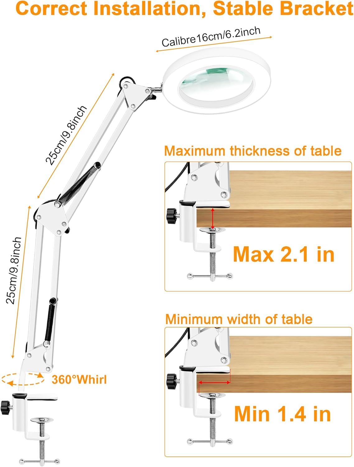 10X Magnifying Glass with Light and Clamp, 2-in-1 LED Magnifier Desk Lamp, 3 Color Modes 10 Level Dimmable, Hands-Free Lighted Magnifier for Craft Repair Nail Reading Close Works (White, Clamp)