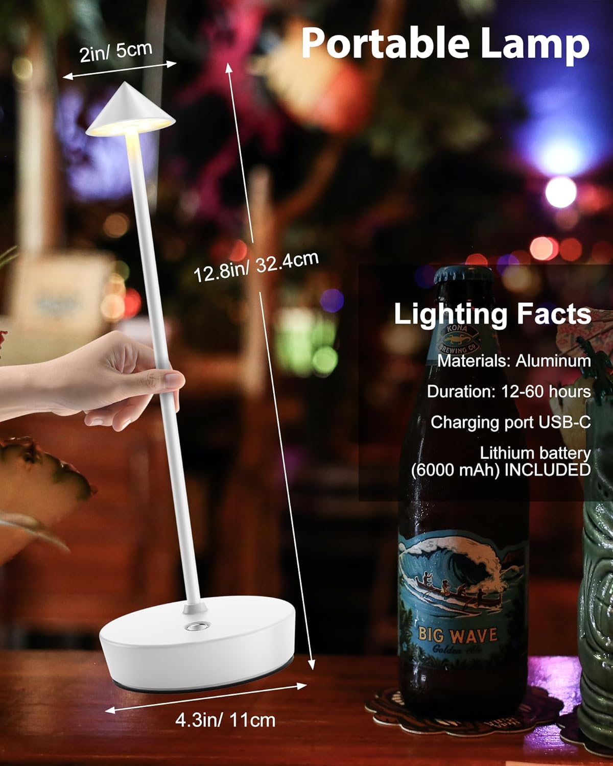 Cordless Table Lamps Rechargeable, 6000mAh Battery Operated LED Desk Lamp Outdoor Waterproof Portable Touch Dimmable Table Night Light for Patio Restaurant Dining Home White