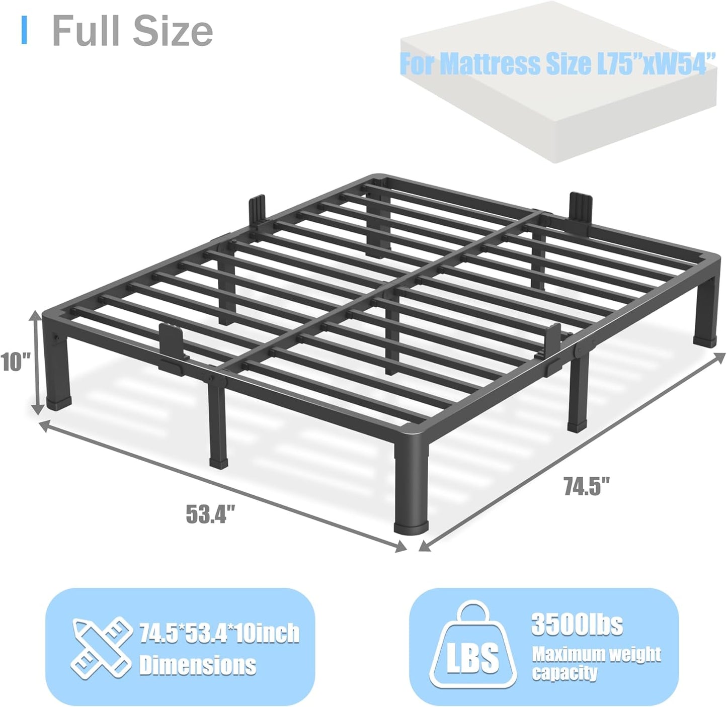 10 inch Full Size Bed Frame with Round Corner Legs Mattress Slide Stopper,Low Profile Heavy Duty Metal Platform,Steel Slat Support,No Box Spring Needed,Easy Assembly,Noise Free
