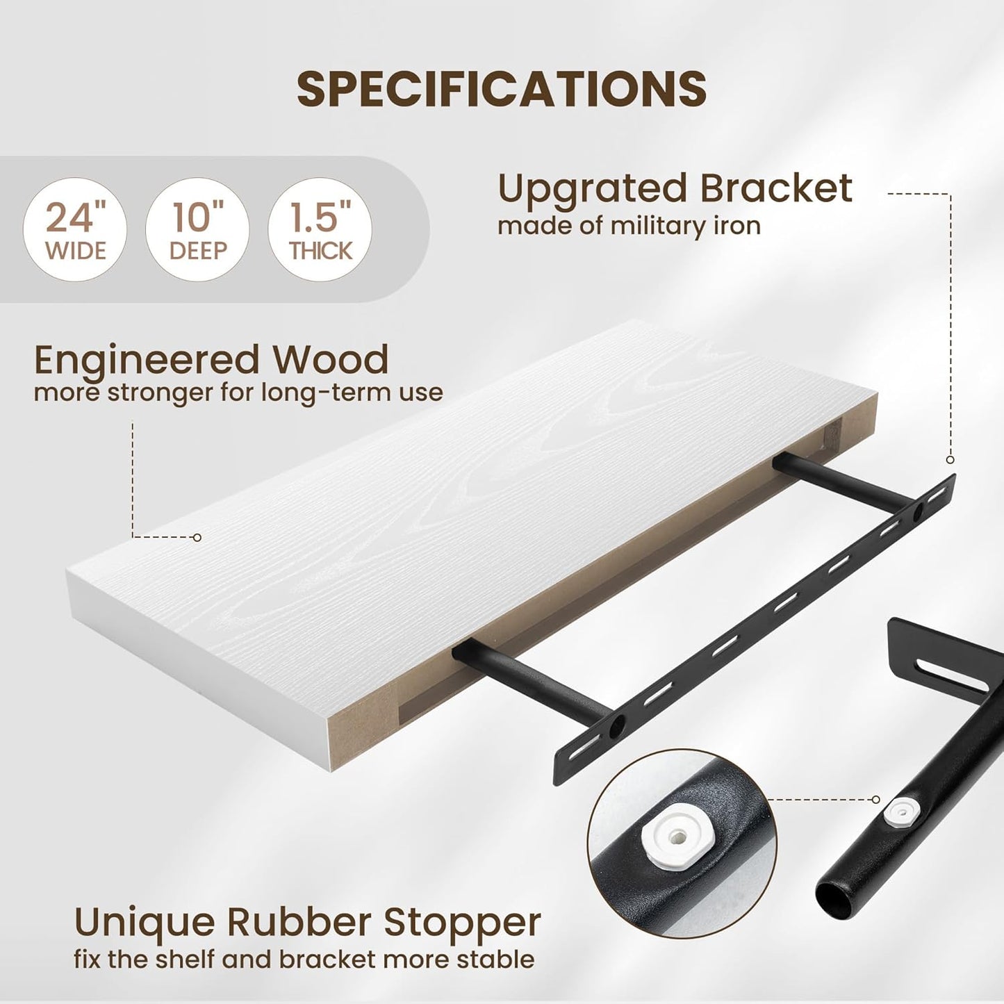 Fun Memories 24 Inch Floating Shelves Wall Mounted, 10 Inch Deep Wall Shelves, 24 x 10 Floating Shelf for Living Room Bathroom Bedroom, White, Set of 2