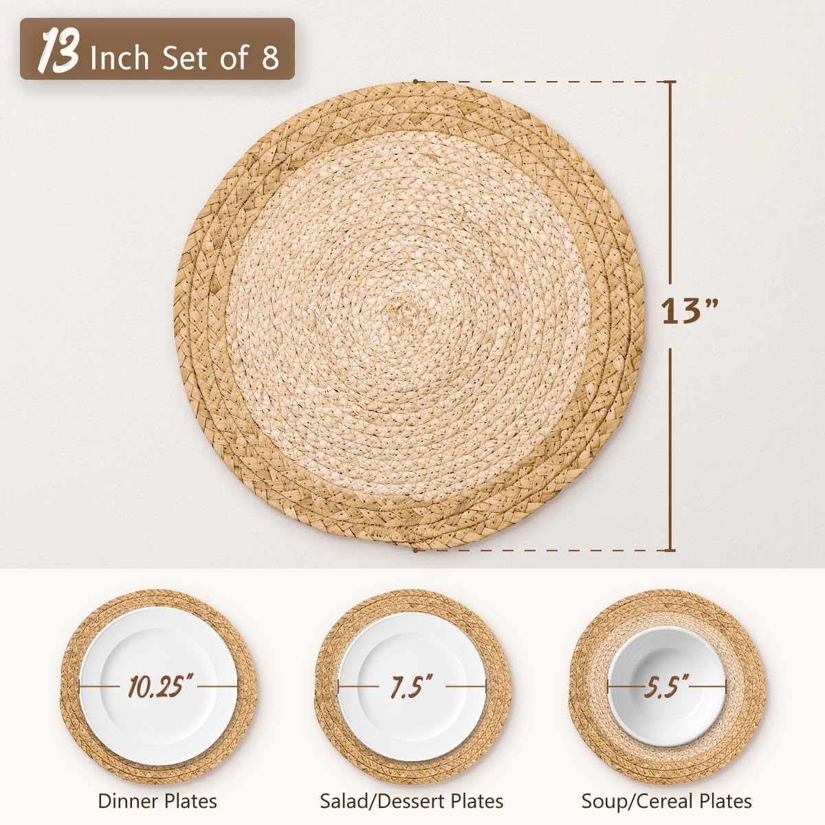 13 in Round Woven Placemats Plate Chargers Set of 8, Boho Farmhouse Rustic Place Mats for Dinner Plates, Rattan Wicker Braided Table Mats Chargers for Dining Table Decor