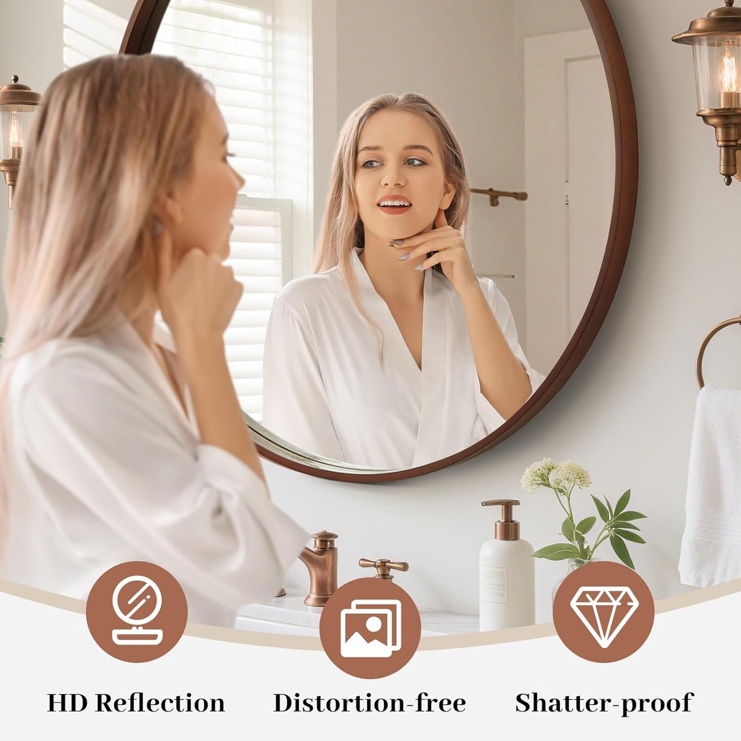 WallBeyond Round Wood Mirror, 32" Round Modern Decoration Large Circle Wall Mirror for Bathroom Living Room Bedroom Entryway, Walnut