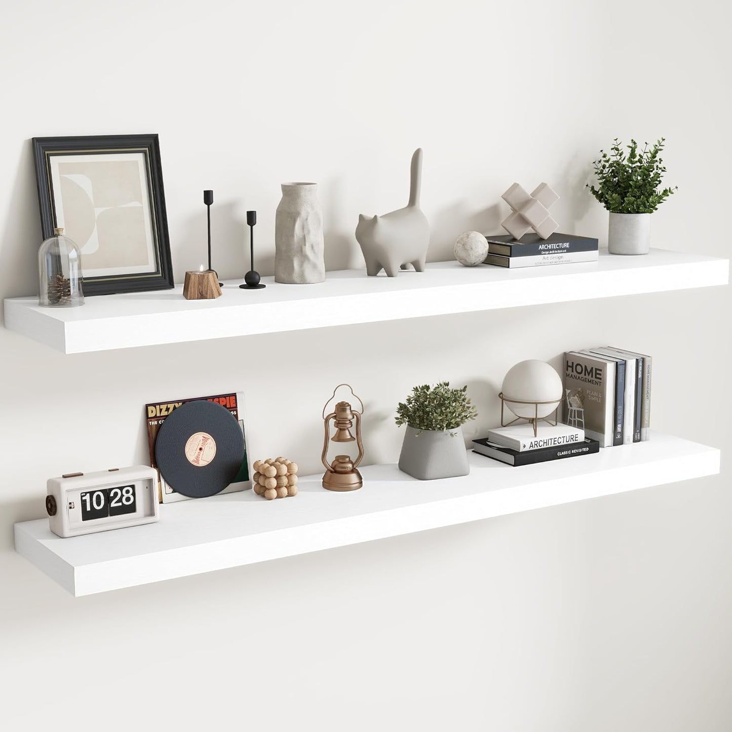 Floating Shelves for Wall with Invisible Brackets, Wall Mounted Engineered Wood Shelves with Wood Grain for Living Room, Bedroom, Bathroom, Kitchen Decor and Storage, Oak, 71"L Set of 2, White