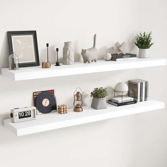 Floating Shelves for Wall with Invisible Brackets, Wall Mounted Engineered Wood Shelves with Wood Grain for Living Room, Bedroom, Bathroom, Kitchen Decor and Storage, Oak, 71"L Set of 2, White