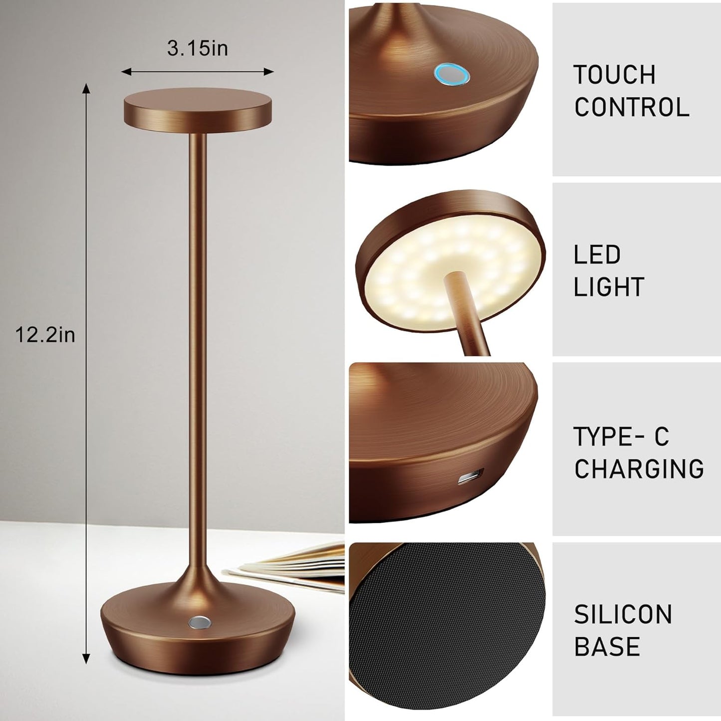 Cordless Table Lamp Rechargeable - 6000mAh LED Battery Operated Table Light - Portable Touch Dimmable Outdoor Waterproof Table Lamps for Patio Bar Restaurant Dining (2 Brown)