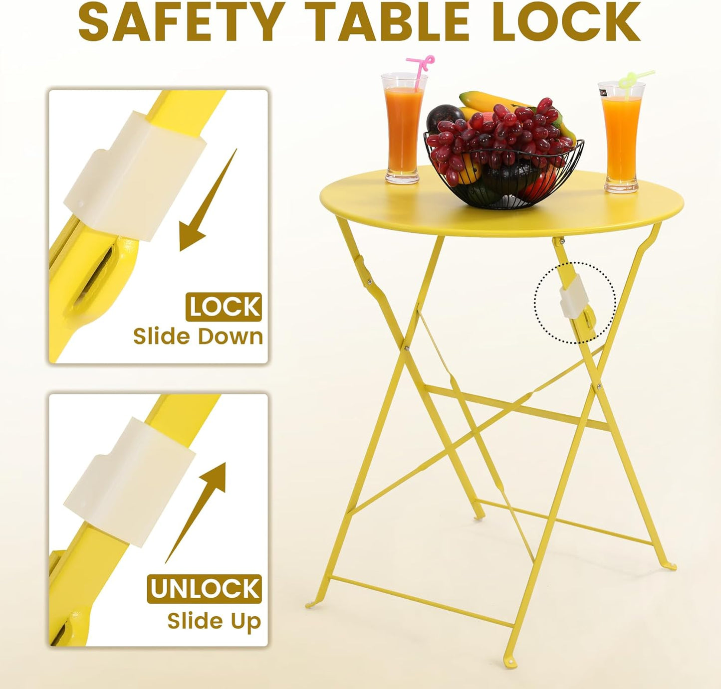 Kromax Outdoor 3 Piece Patio Bistro Set, Folding Bistro Table and 2 Folding Chairs, Patio Conversation Furniture Set, Space Saving, Yellow