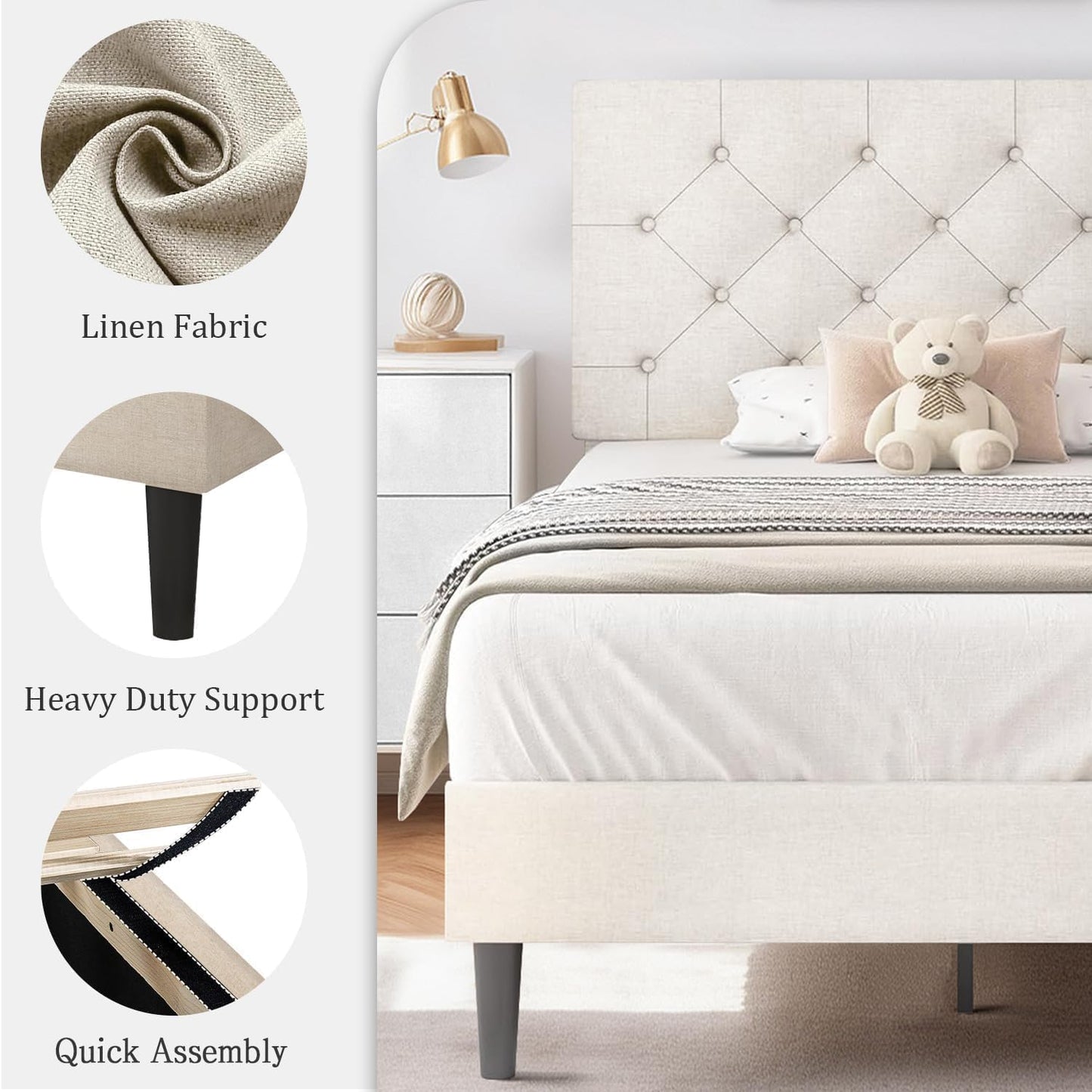 HOMBCK Twin Bed Frames for Kids, Upholstered Platform Bed Frame Twin Size with Tufted Headboard/Wood Slats/No Box Spring Needed/Easy Assemble, White