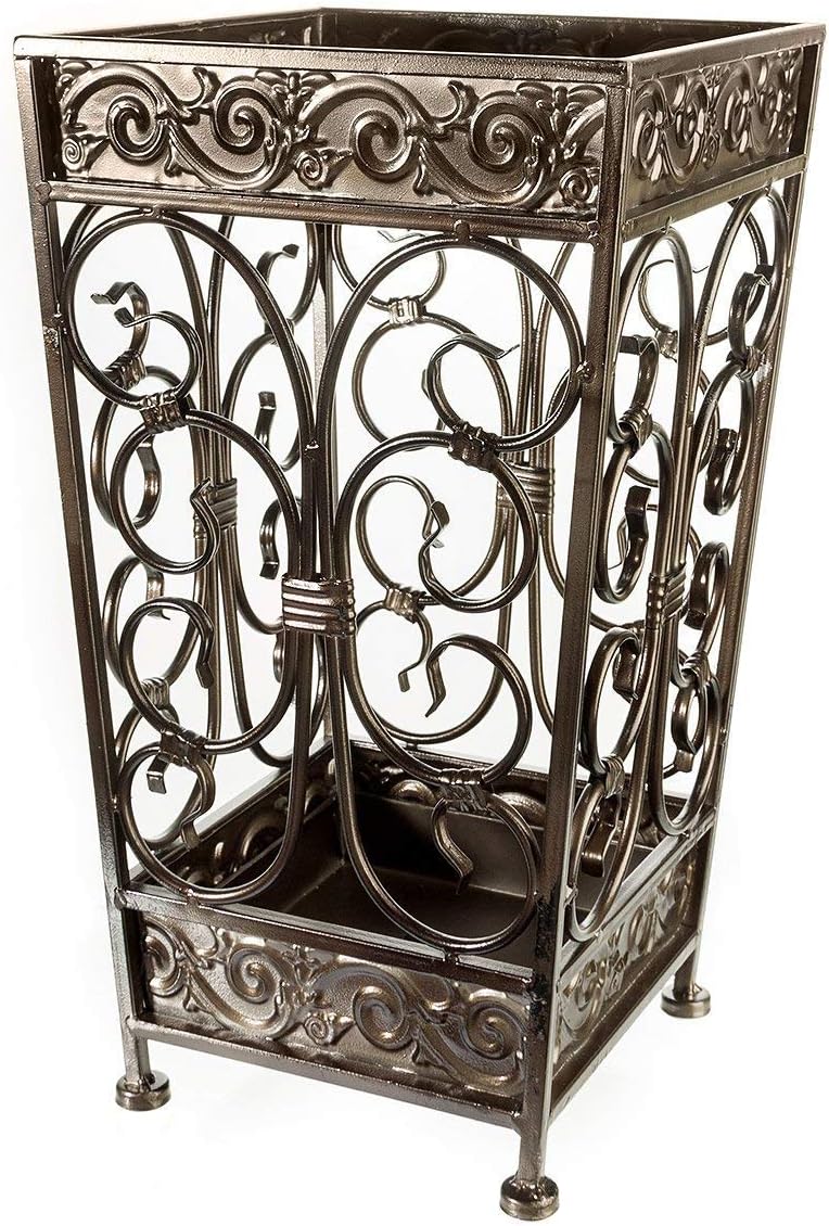 Super Quality Umbrella Stand, Umbrella Holder, Antique Look Metal, Entry Hallway Décor, Square Style, w/Removable Drip Tray. (Antique Bronze)