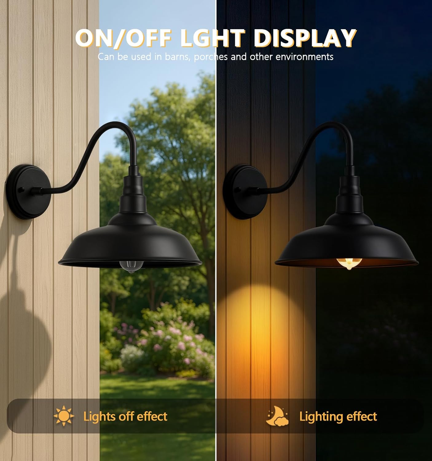 10" Outdoor Barn Gooseneck Light, Classic Farmhouse Style Black Outdoor Light Fixture, Industrial Wall-Mounted Barn Light for Garage, Porch, and Patio, 2-Pack