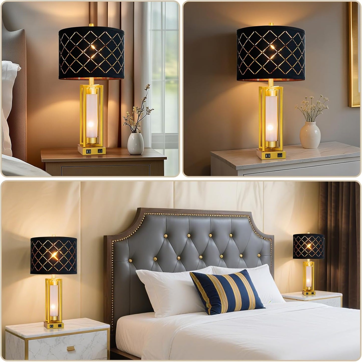 RORIANO Set of 2 Modern Table Lamps for Living Room Bedroom with USB C+A, Rustic Nightstand Lamps with White Night Light, Black Grid Shade, Desk Lamps for Bedside End Tables, 4 Bulbs Included (Gold)