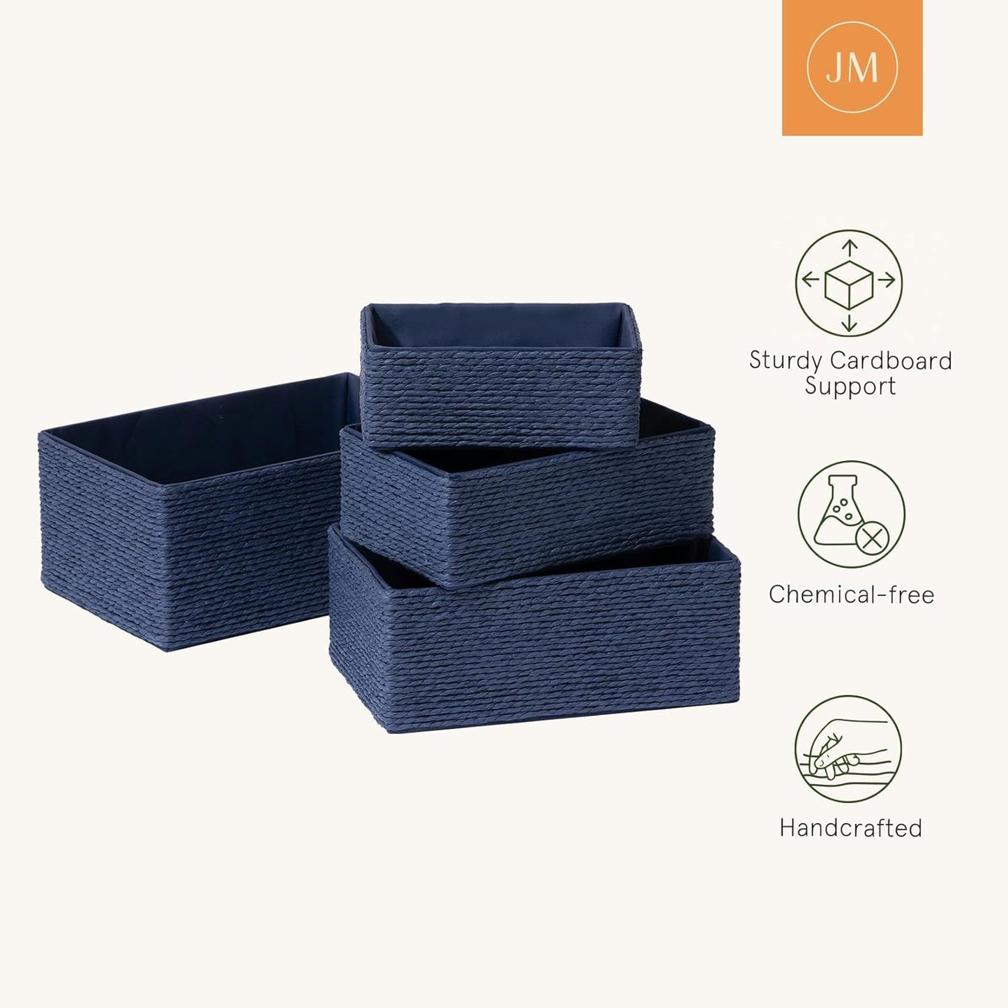 LA JOLIE MUSE Storage Baskets for Organizing - Set of 4 Sturdy Woven Paper Rope Decorative, Stackable Wicker Baskets for Makeup Closet, Bathroom, Bedroom (Navy Blue)