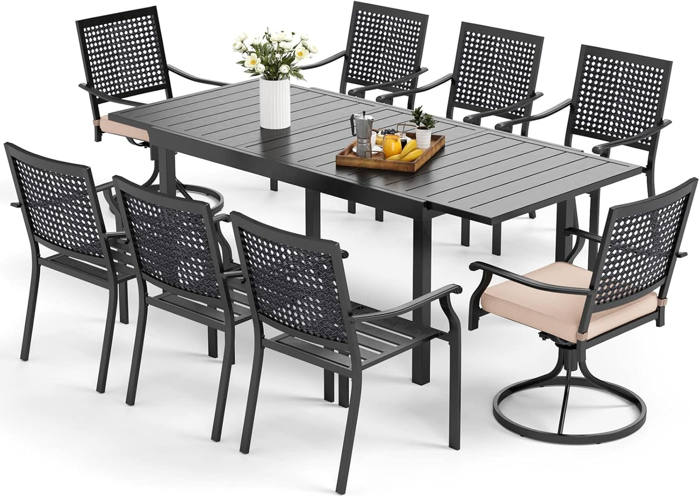 MFSTUDIO Patio Table and Chairs Set, Outdoor Dining Set for 8 with Expandable Table, 9 Piece Metal Patio Dining Set for Deck Backyard Poolside Garden